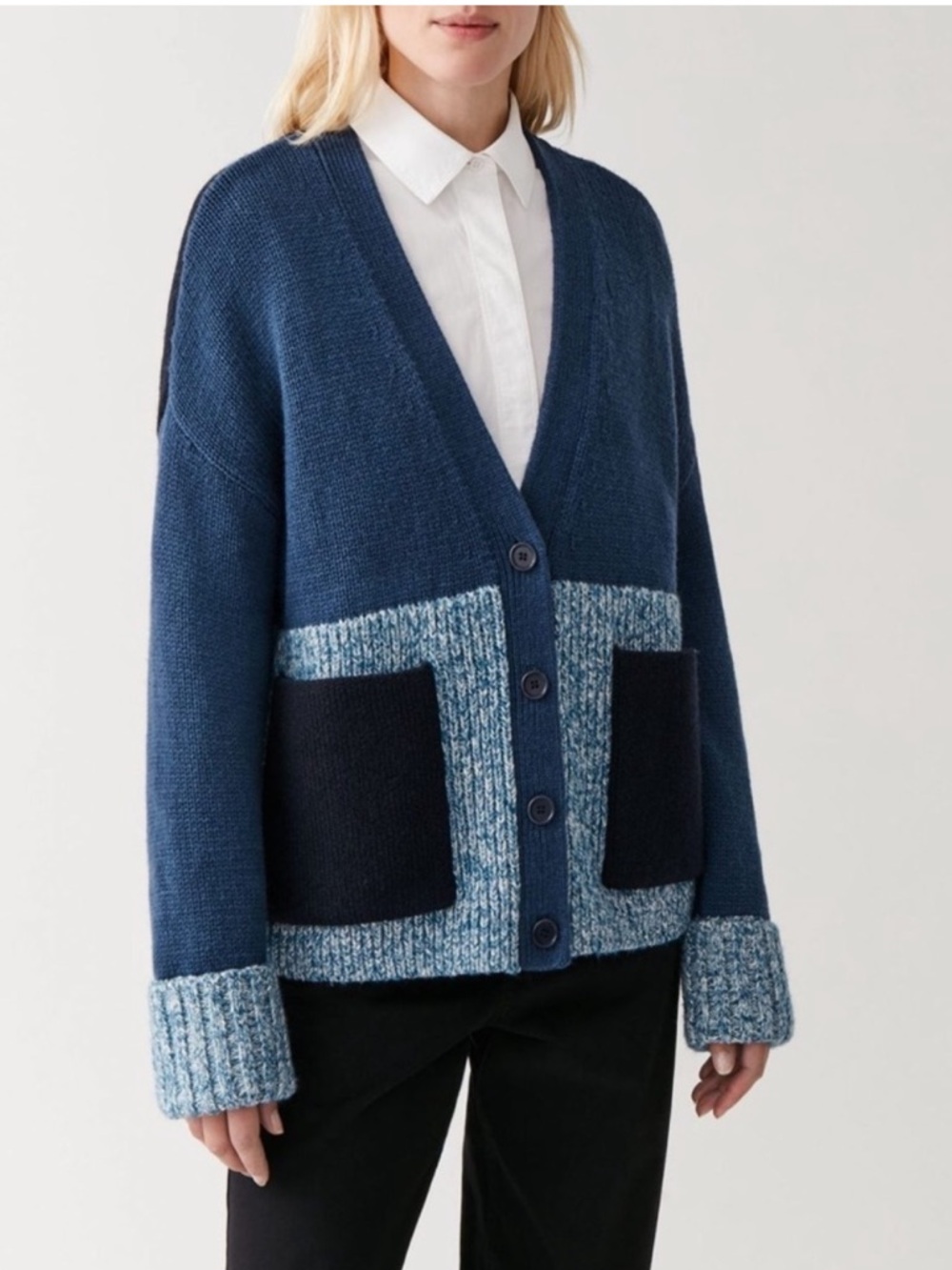 COS Navy and Light Blue Colorblock Wool-Blend Cardigan with Navy Pockets